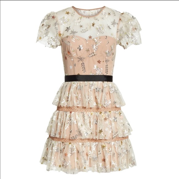 self portrait embroidered tiered mini dress